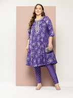 Sztori Plus Size Floral Printed Yoke Design Kurta with Trousers | Grocsy