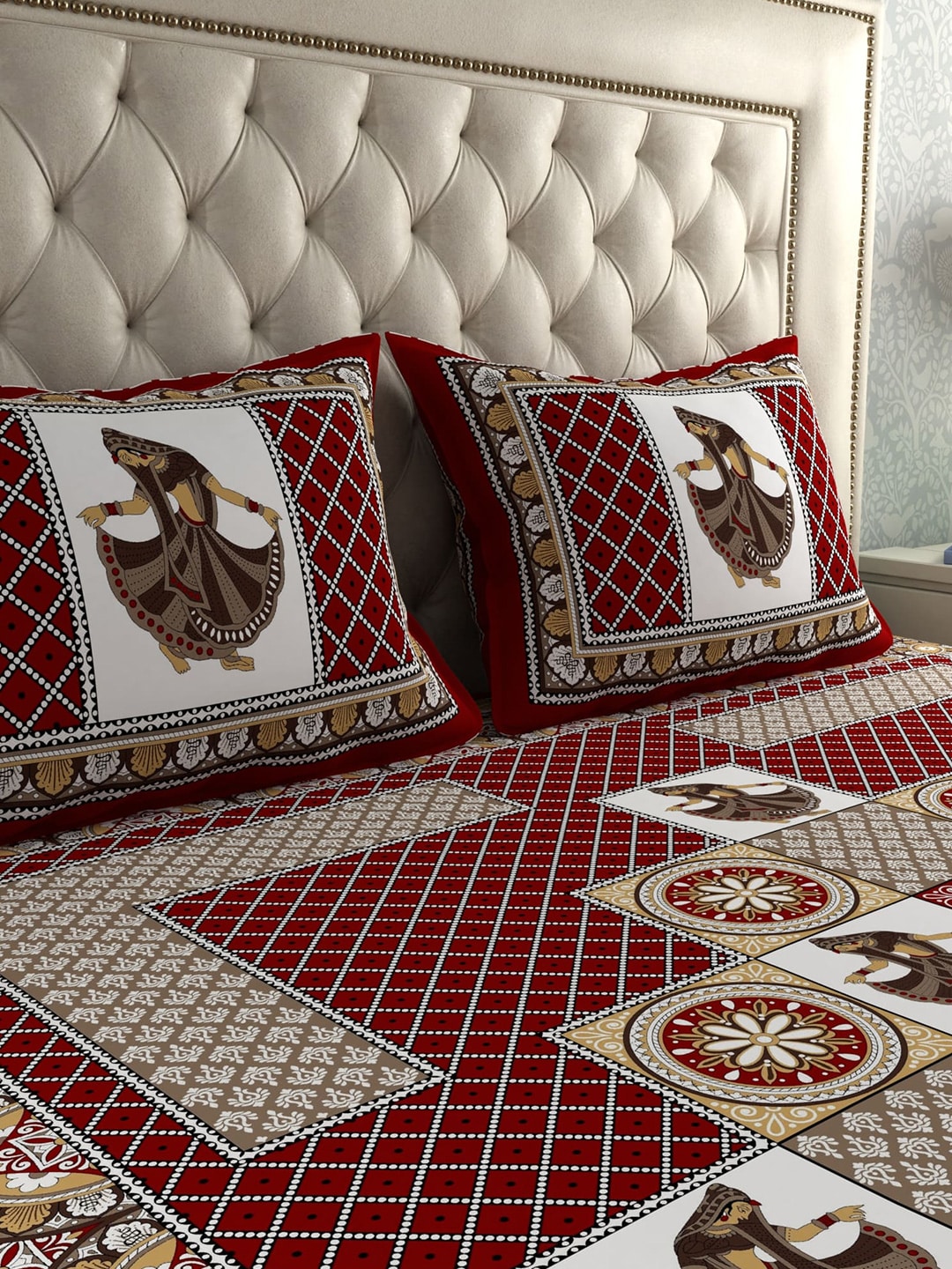 LA VERNE Jaipuri Print 104 TC Cotton 1 Double Queen Bedsheet With 2 Pillow Covers | Grocsy