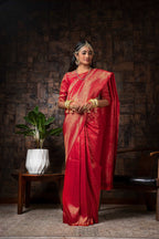 Vardha Candy Apple Red Golden Zari Kanjeevaram Silk Saree | Grocsy