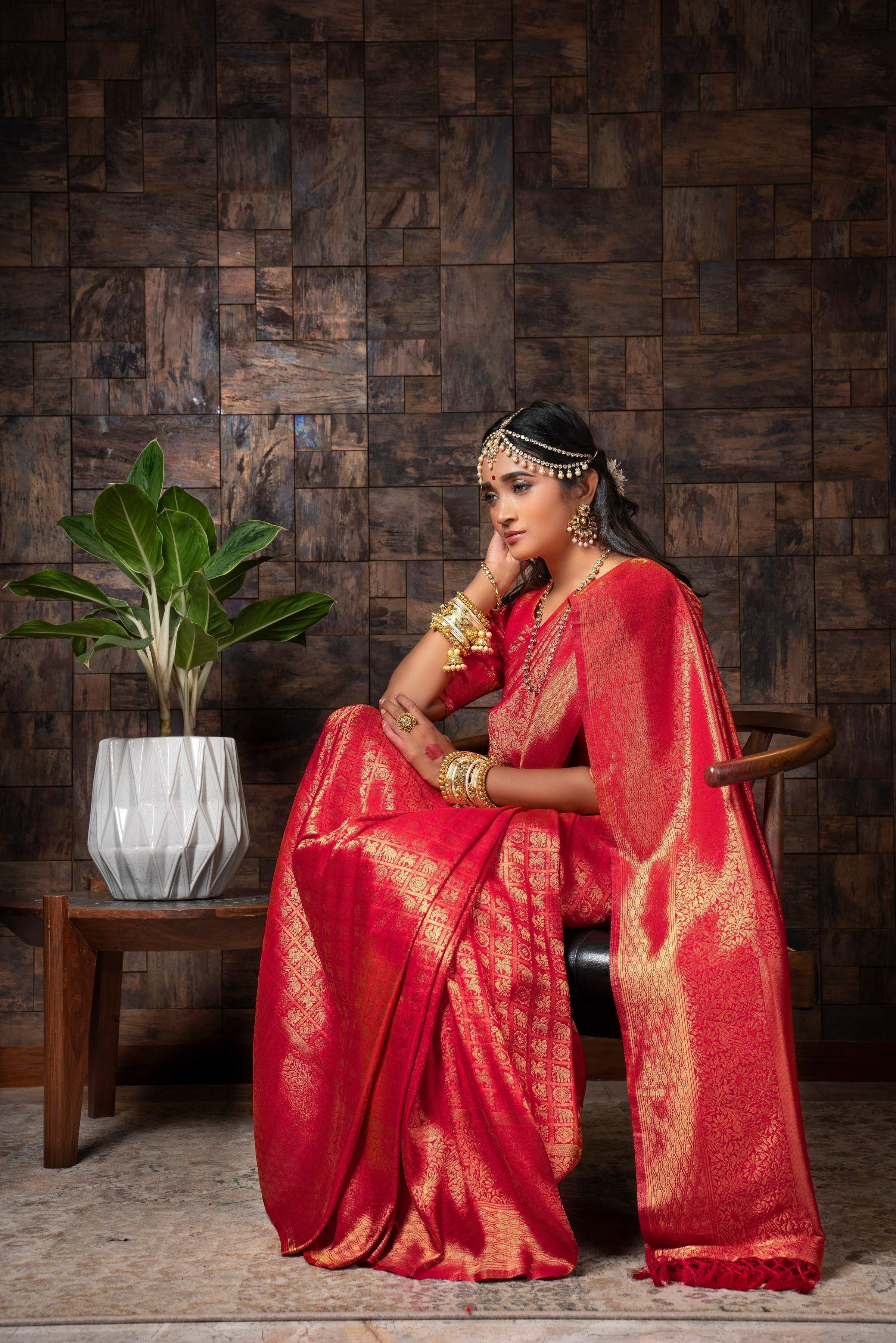 Vardha Candy Apple Red Golden Zari Kanjeevaram Silk Saree | Grocsy