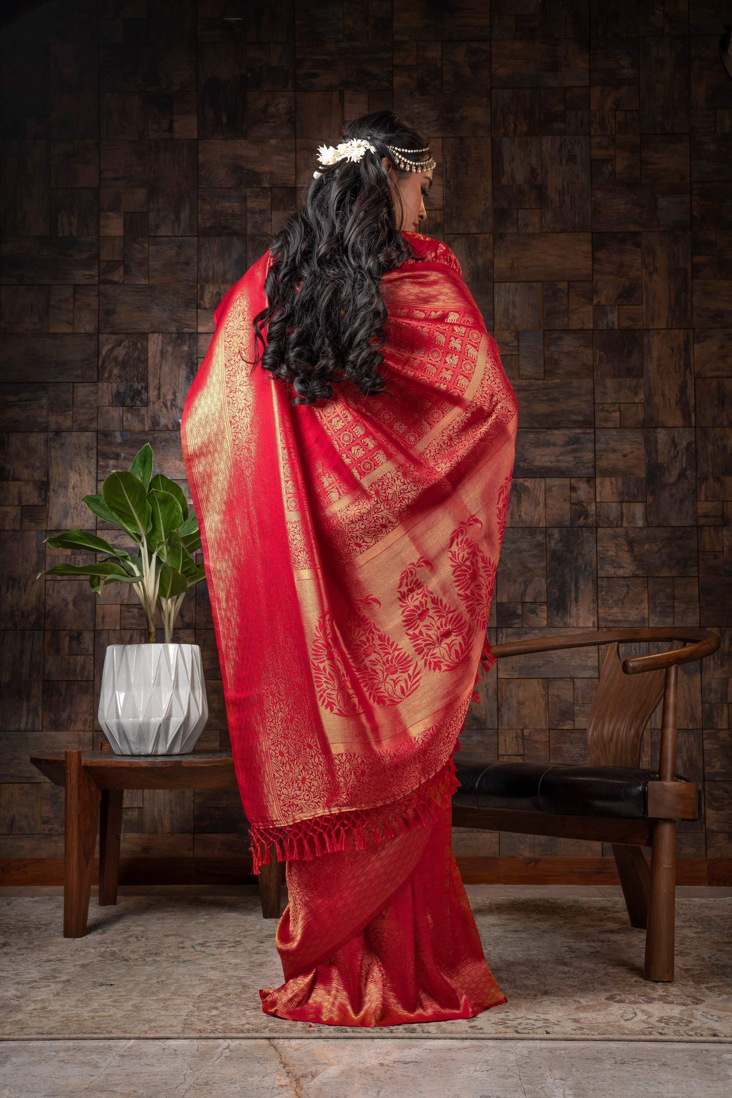 Vardha Candy Apple Red Golden Zari Kanjeevaram Silk Saree | Grocsy