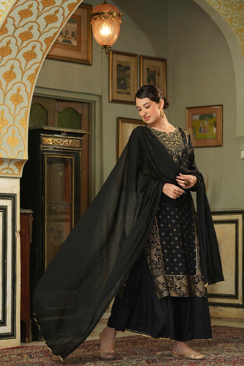 Juniper Black Rayon Festive Embroidered Straight Skd For Women | Grocsy