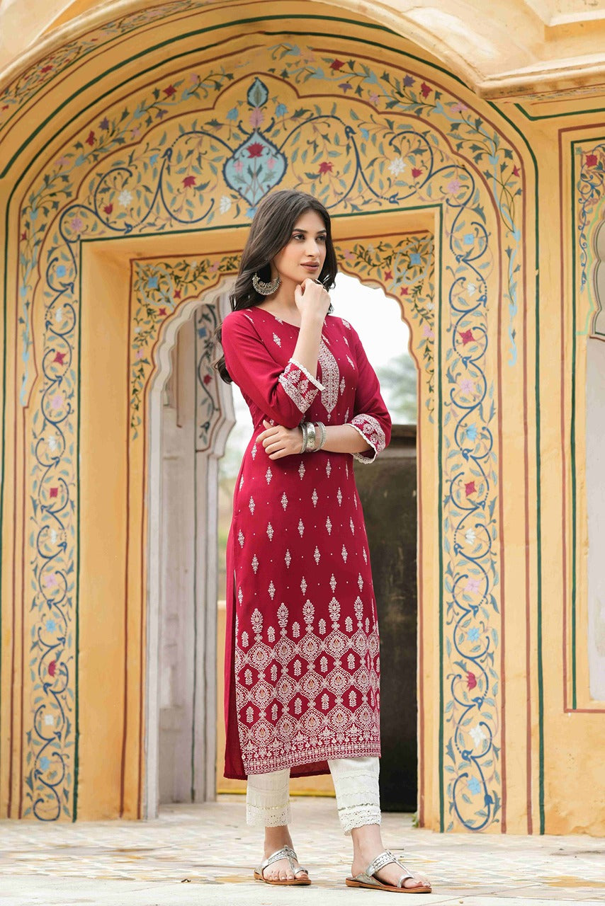 Juniper Maroon Rayon Festive Printed Straight Kurta For Women | Grocsy