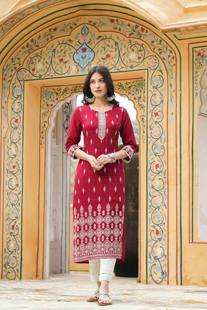 Juniper Maroon Rayon Festive Printed Straight Kurta For Women | Grocsy