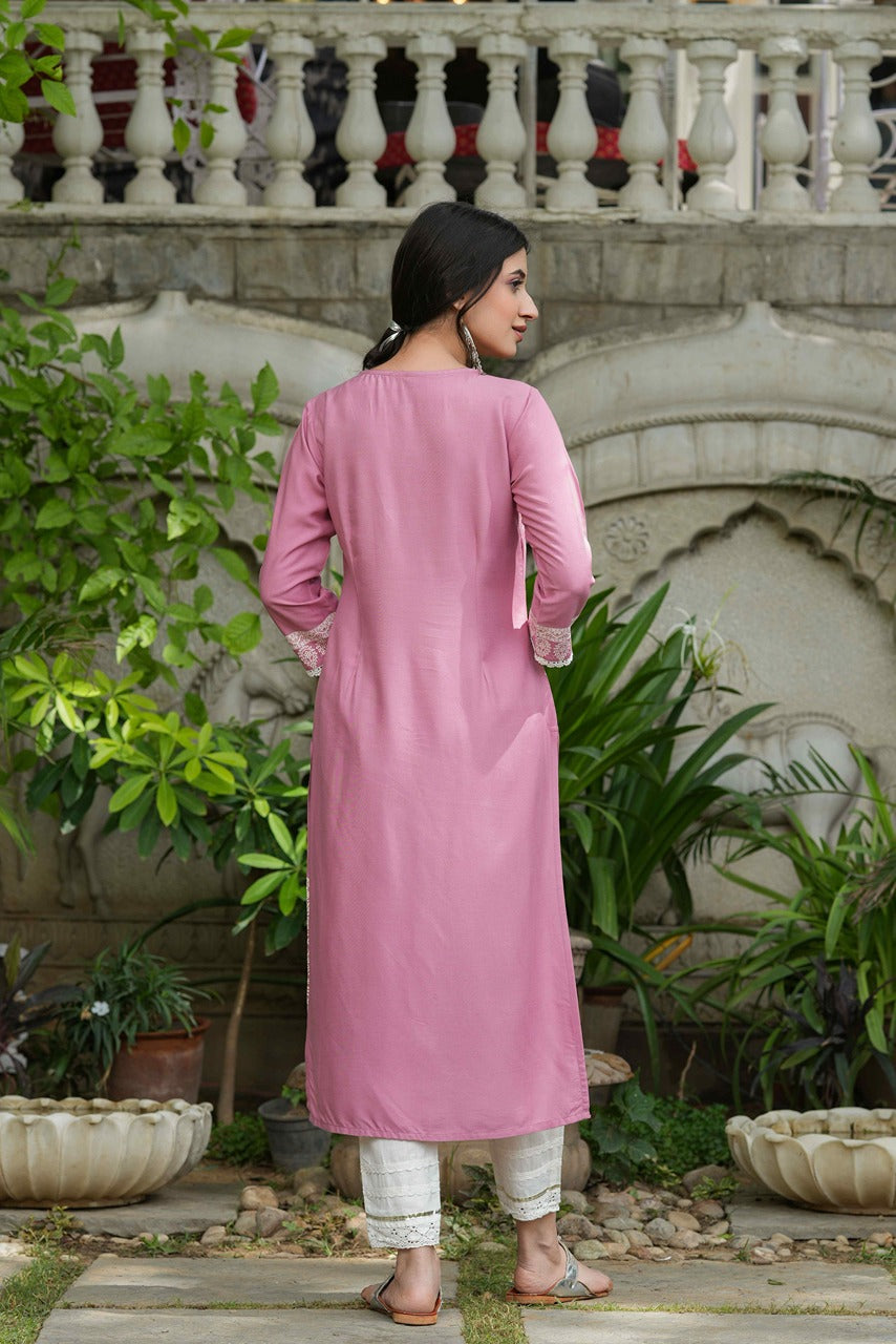 Juniper Onion Pink Rayon Festive Printed Straight Kurta For Women | Grocsy