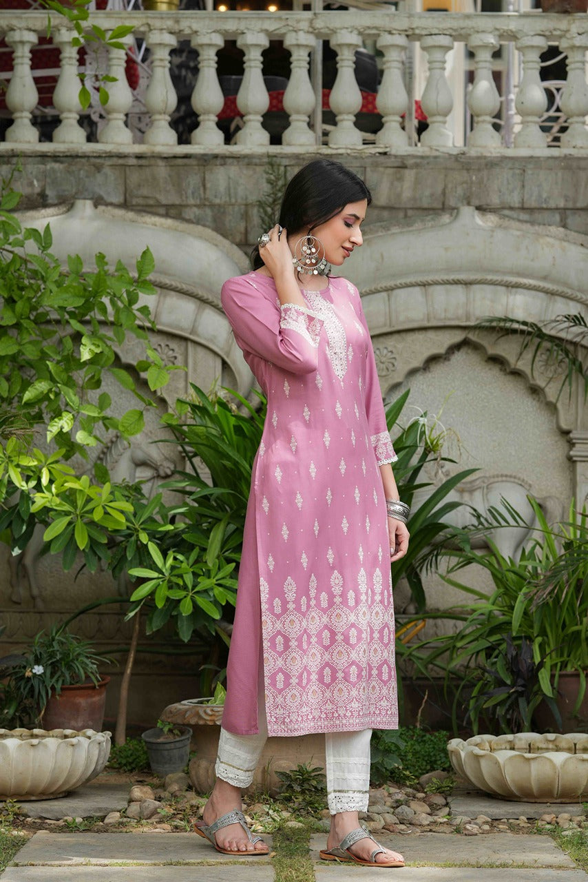 Juniper Onion Pink Rayon Festive Printed Straight Kurta For Women | Grocsy