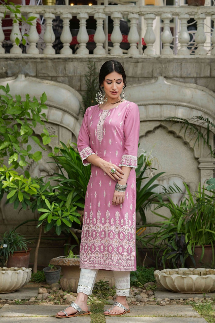 Juniper Onion Pink Rayon Festive Printed Straight Kurta For Women | Grocsy