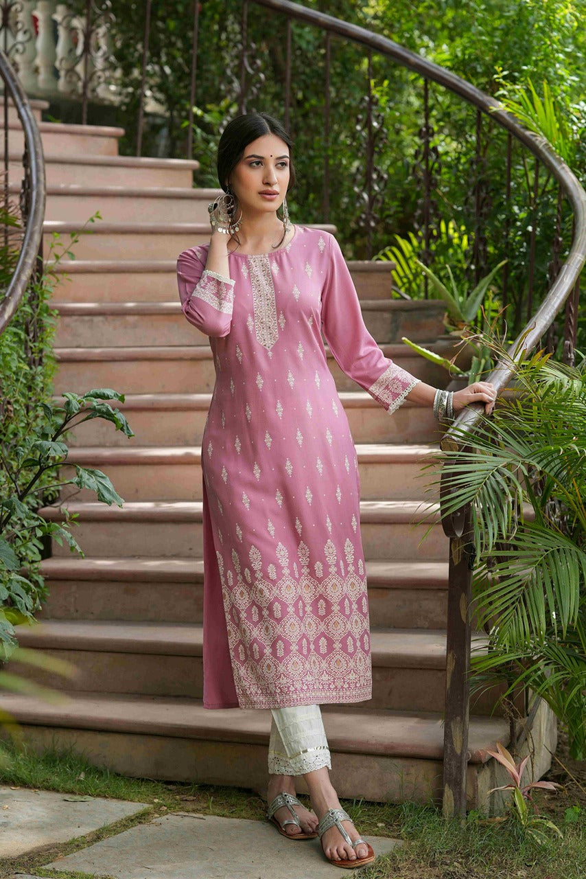 Juniper Onion Pink Rayon Festive Printed Straight Kurta For Women | Grocsy