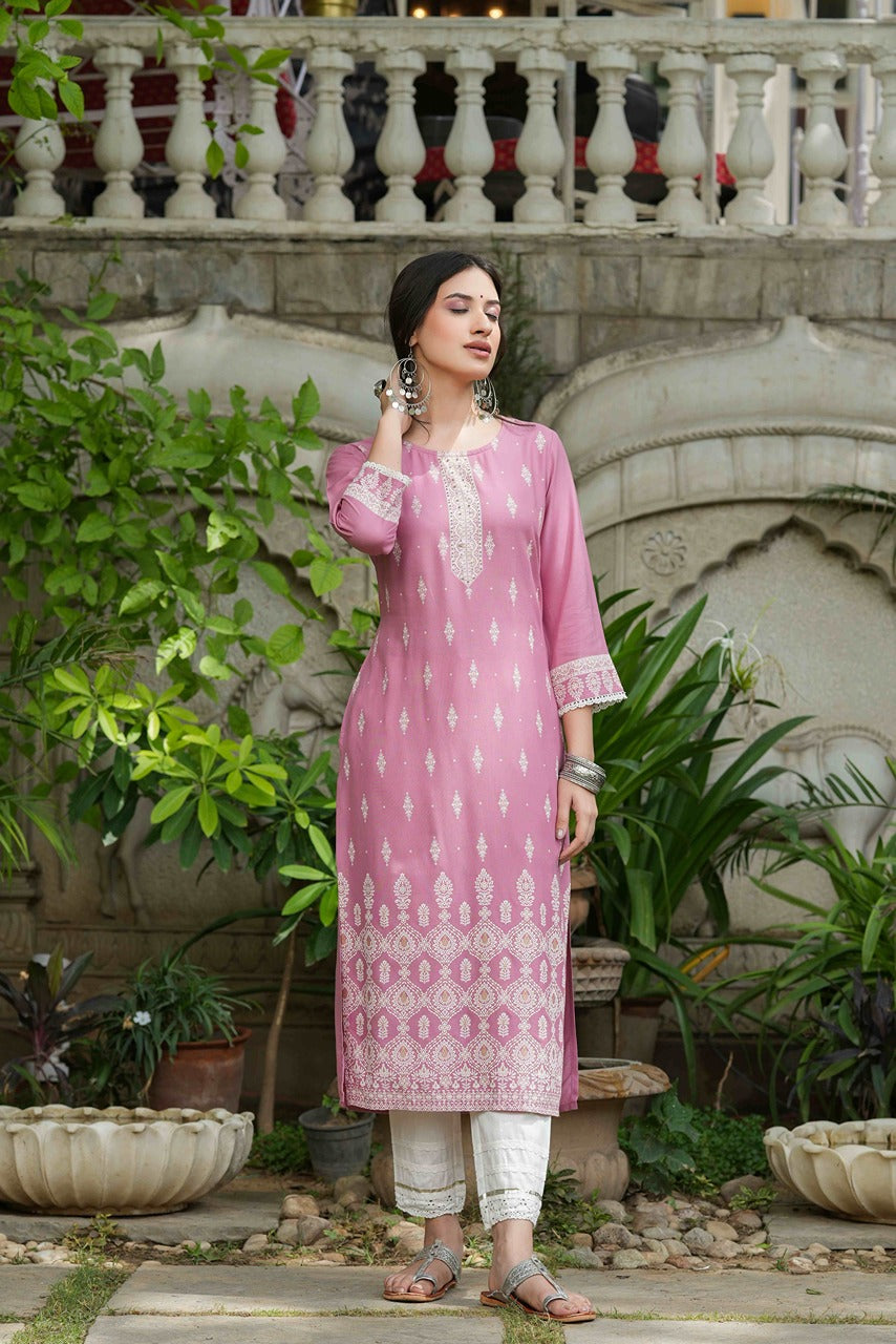 Juniper Onion Pink Rayon Festive Printed Straight Kurta For Women | Grocsy