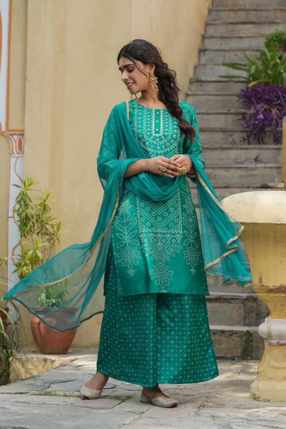Juniper Womens Teal Shantoon Slub Bandhani Printed Kurta Palazzo Dupatta Set | Grocsy
