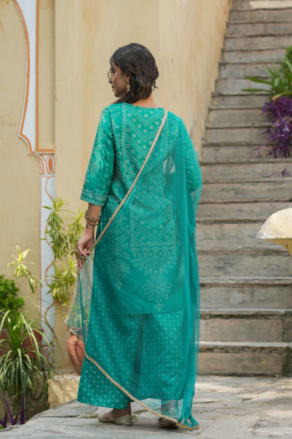Juniper Womens Teal Shantoon Slub Bandhani Printed Kurta Palazzo Dupatta Set | Grocsy