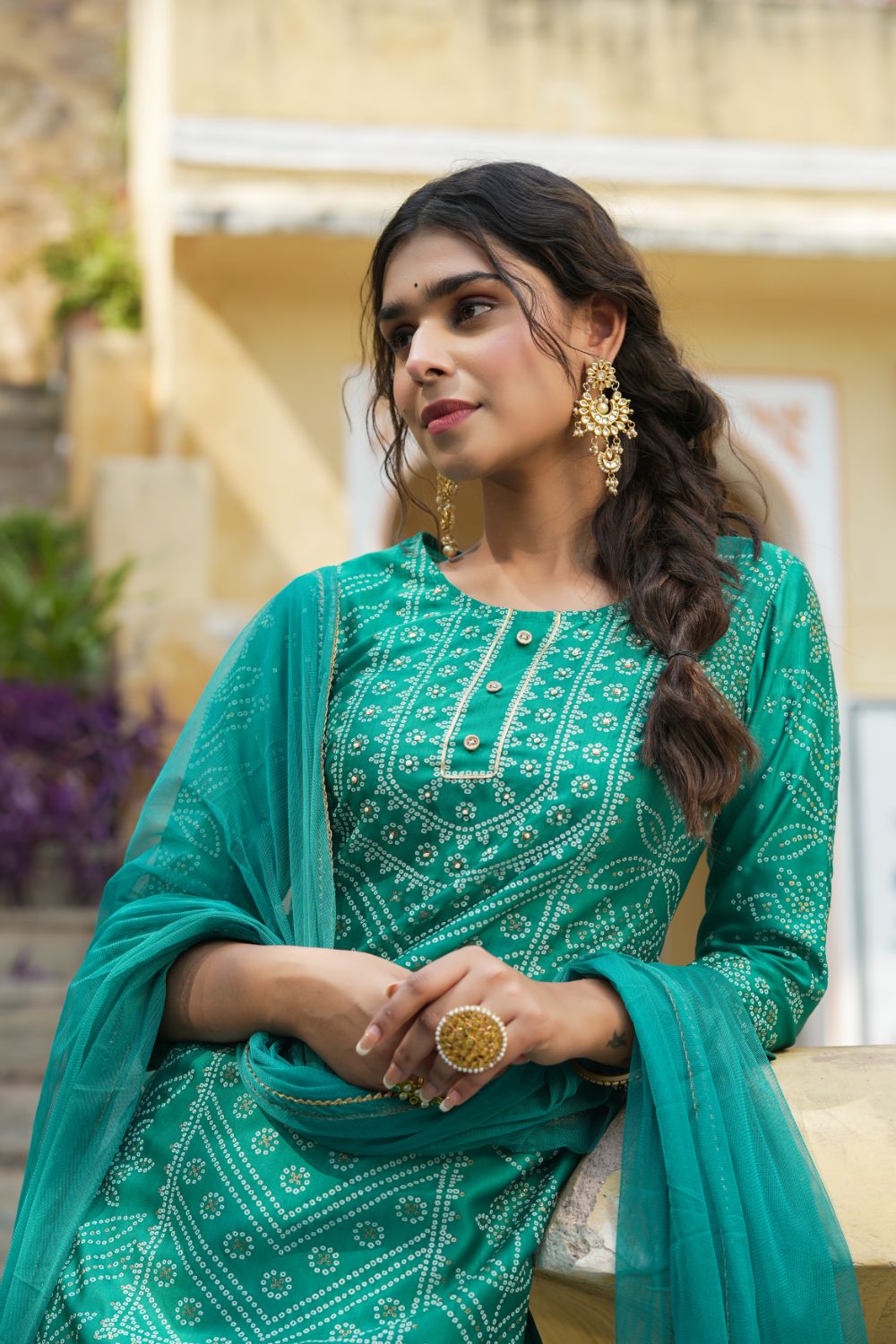 Juniper Womens Teal Shantoon Slub Bandhani Printed Kurta Palazzo Dupatta Set | Grocsy