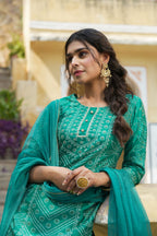 Juniper Womens Teal Shantoon Slub Bandhani Printed Kurta Palazzo Dupatta Set | Grocsy