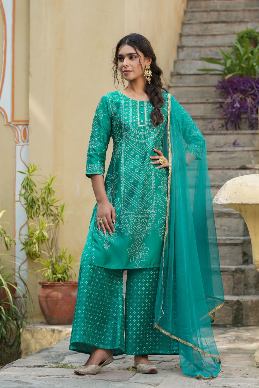 Juniper Womens Teal Shantoon Slub Bandhani Printed Kurta Palazzo Dupatta Set | Grocsy
