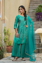 Juniper Womens Teal Shantoon Slub Bandhani Printed Kurta Palazzo Dupatta Set | Grocsy