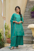 Juniper Womens Teal Shantoon Slub Bandhani Printed Kurta Palazzo Dupatta Set | Grocsy