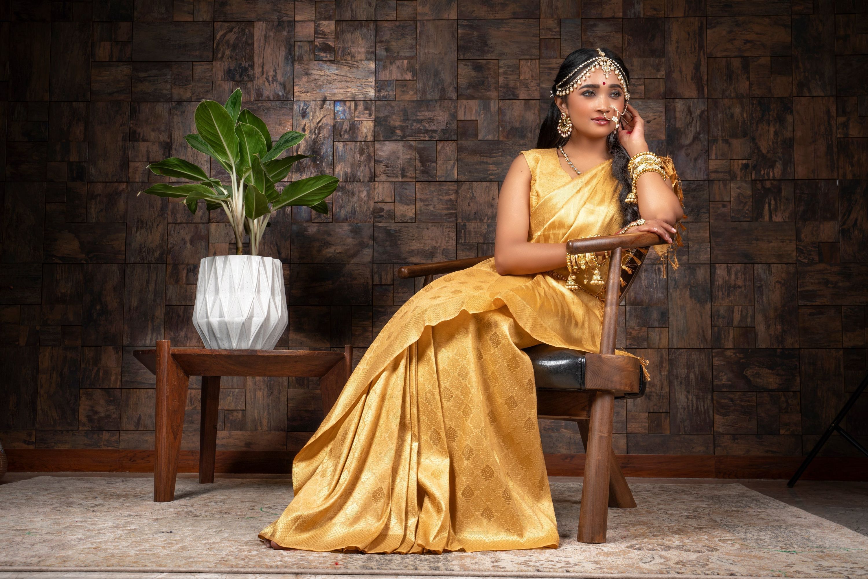 Vardha Tuscan Yellow Golden Zari Kanjeevaram Silk Saree | Grocsy