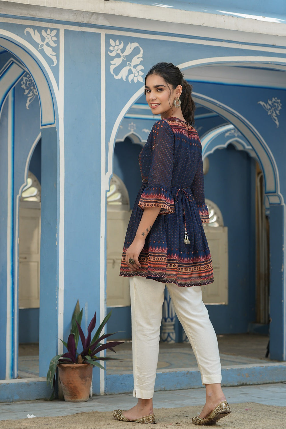 Juniper Indigo Georgette Festive Printed Flared Tunic For Women | Grocsy