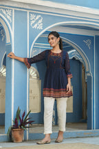 Juniper Indigo Georgette Festive Printed Flared Tunic For Women | Grocsy