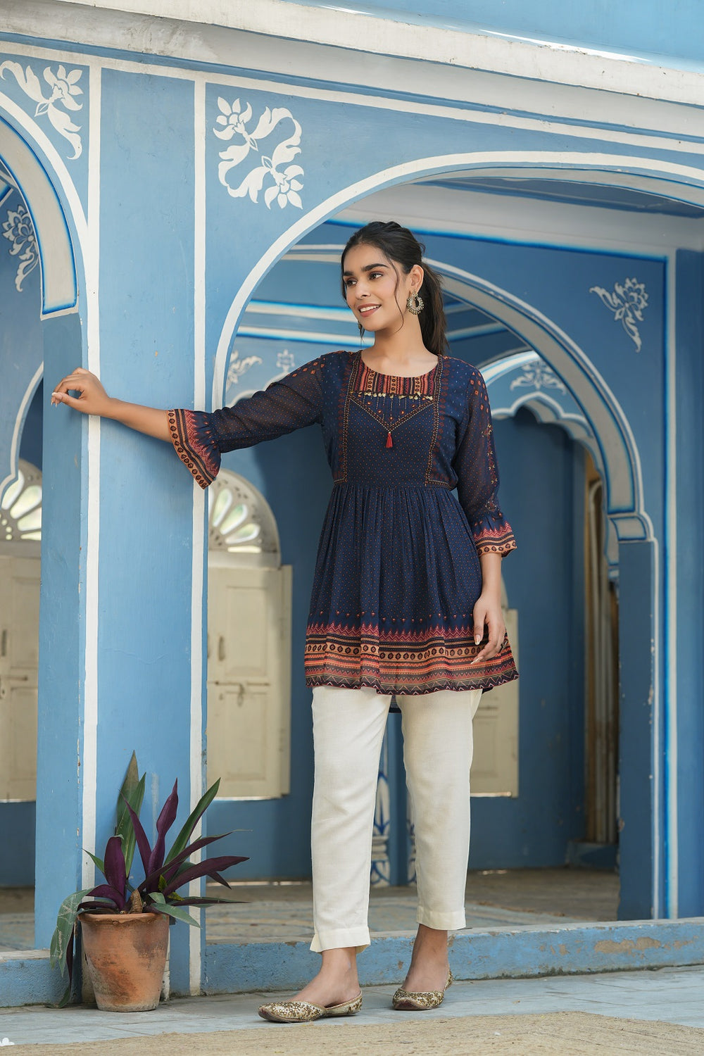 Juniper Indigo Georgette Festive Printed Flared Tunic For Women | Grocsy