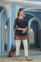 Juniper Indigo Georgette Festive Printed Flared Tunic For Women | Grocsy
