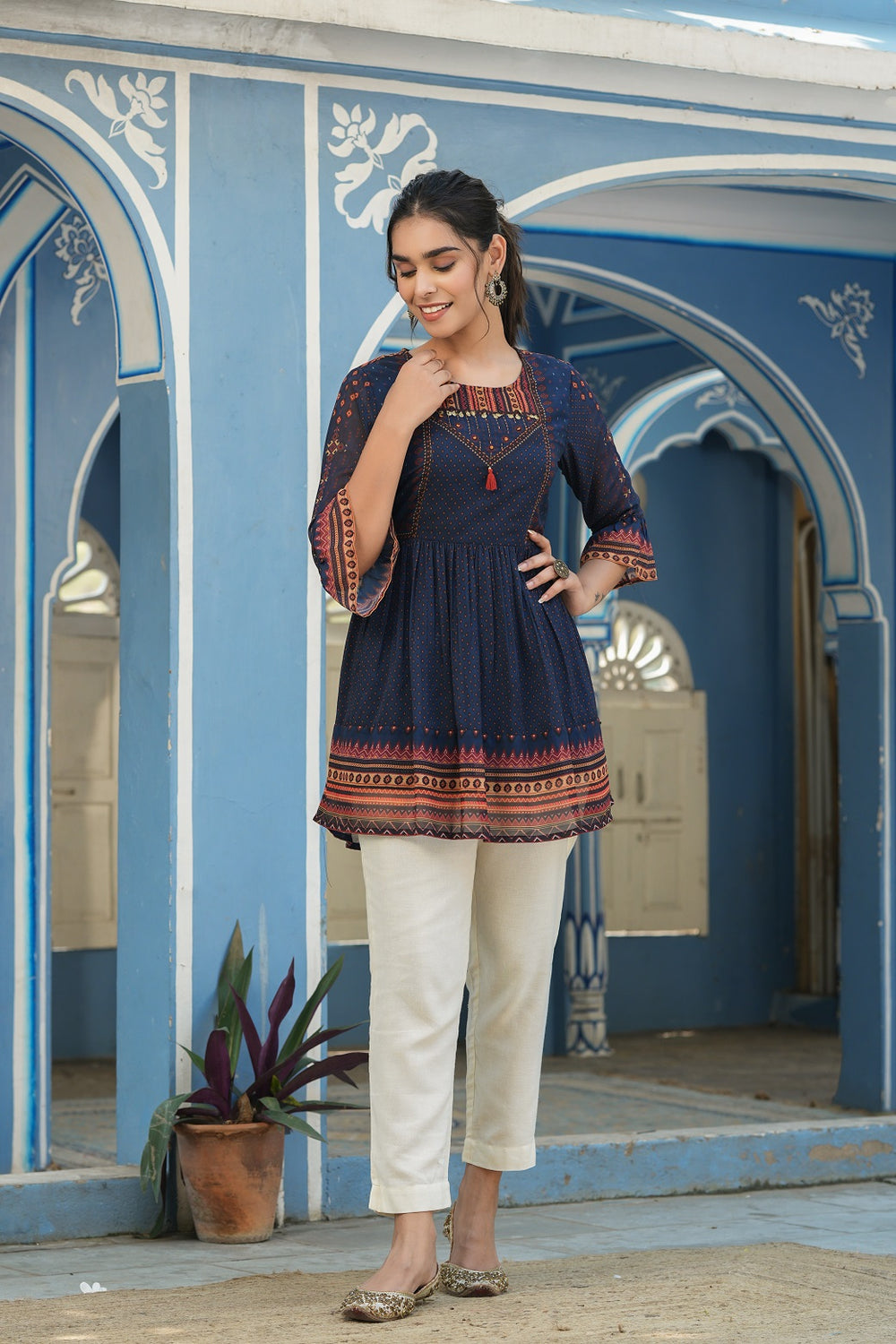 Juniper Indigo Georgette Festive Printed Flared Tunic For Women | Grocsy