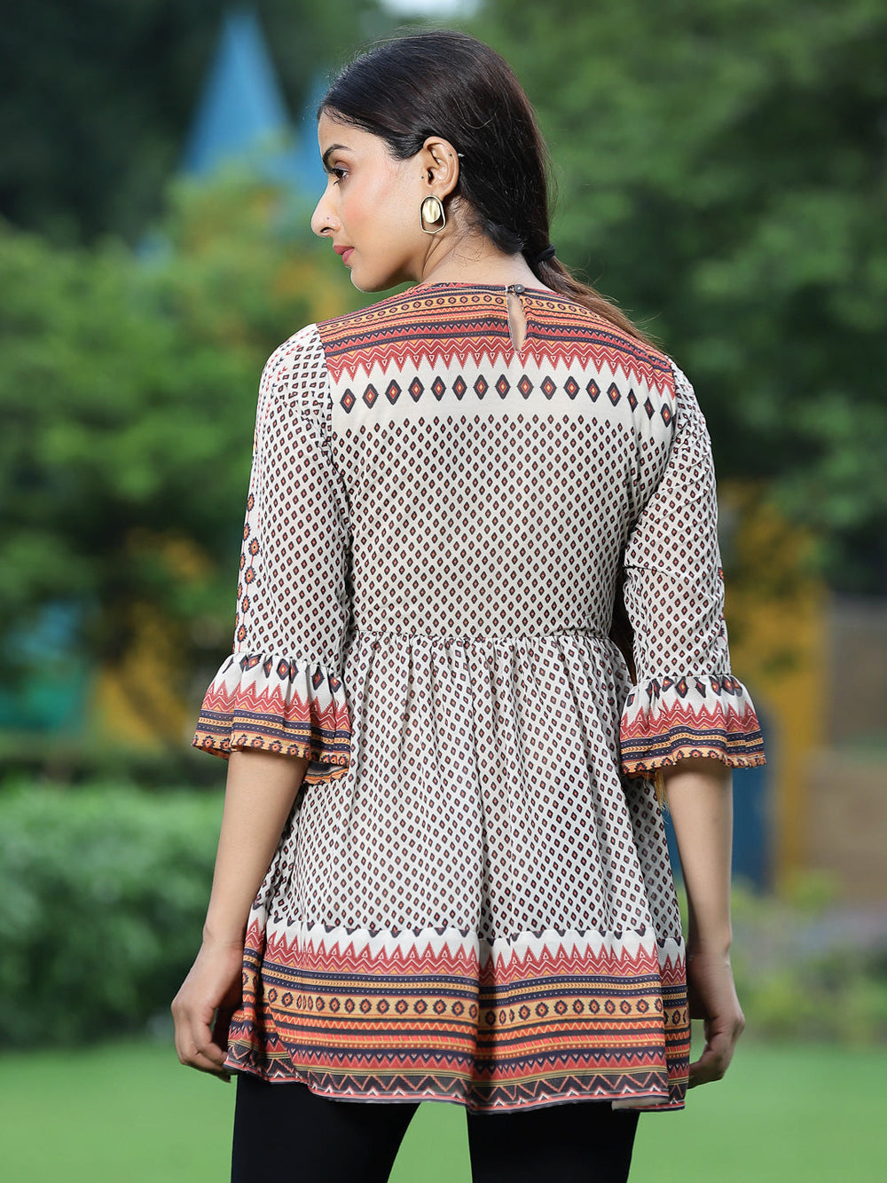 Juniper Off - White Georgette Festive Printed Flared Tunic For Women | Grocsy
