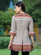 Juniper Off - White Georgette Festive Printed Flared Tunic For Women | Grocsy