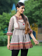 Juniper Off - White Georgette Festive Printed Flared Tunic For Women | Grocsy