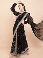 Sangria Black & White Embellished Sequinned Pure Georgette Palazzo Saree | Grocsy