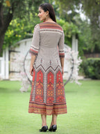 Juniper Off-White Georgette Festive Wear Printed Flared Dress | Grocsy