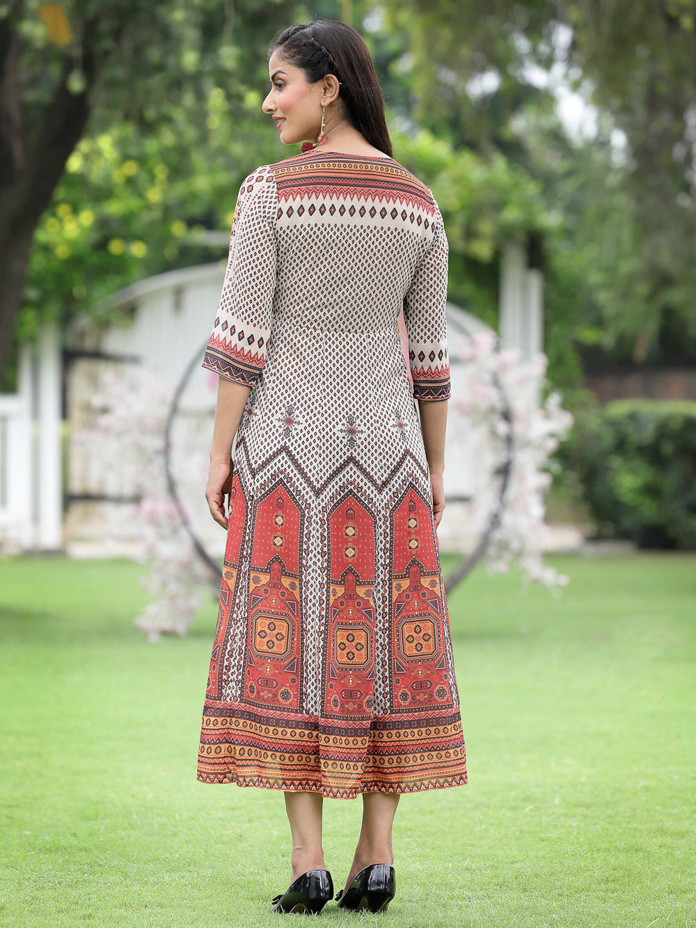 Juniper Off-White Georgette Festive Wear Printed Flared Dress | Grocsy