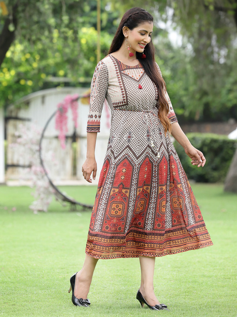 Juniper Off-White Georgette Festive Wear Printed Flared Dress | Grocsy