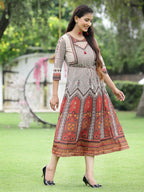 Juniper Off-White Georgette Festive Wear Printed Flared Dress | Grocsy
