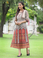 Juniper Off-White Georgette Festive Wear Printed Flared Dress | Grocsy