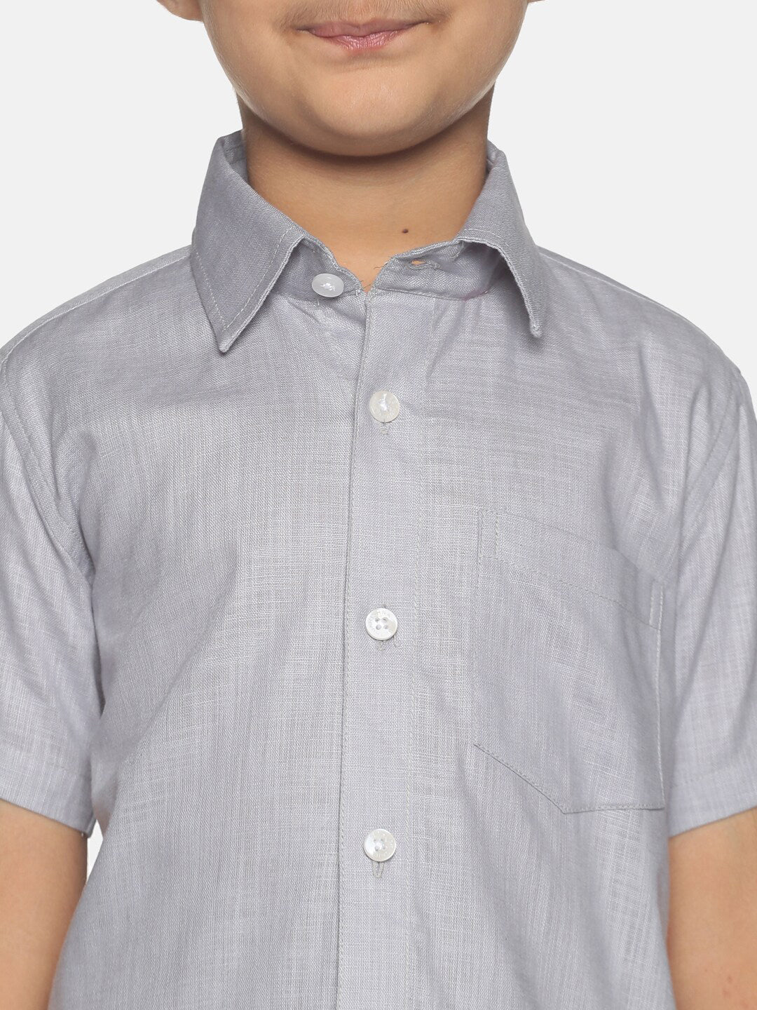 Sethukrishna Boys Grey & White Solid Shirt with Veshti Set | Grocsy