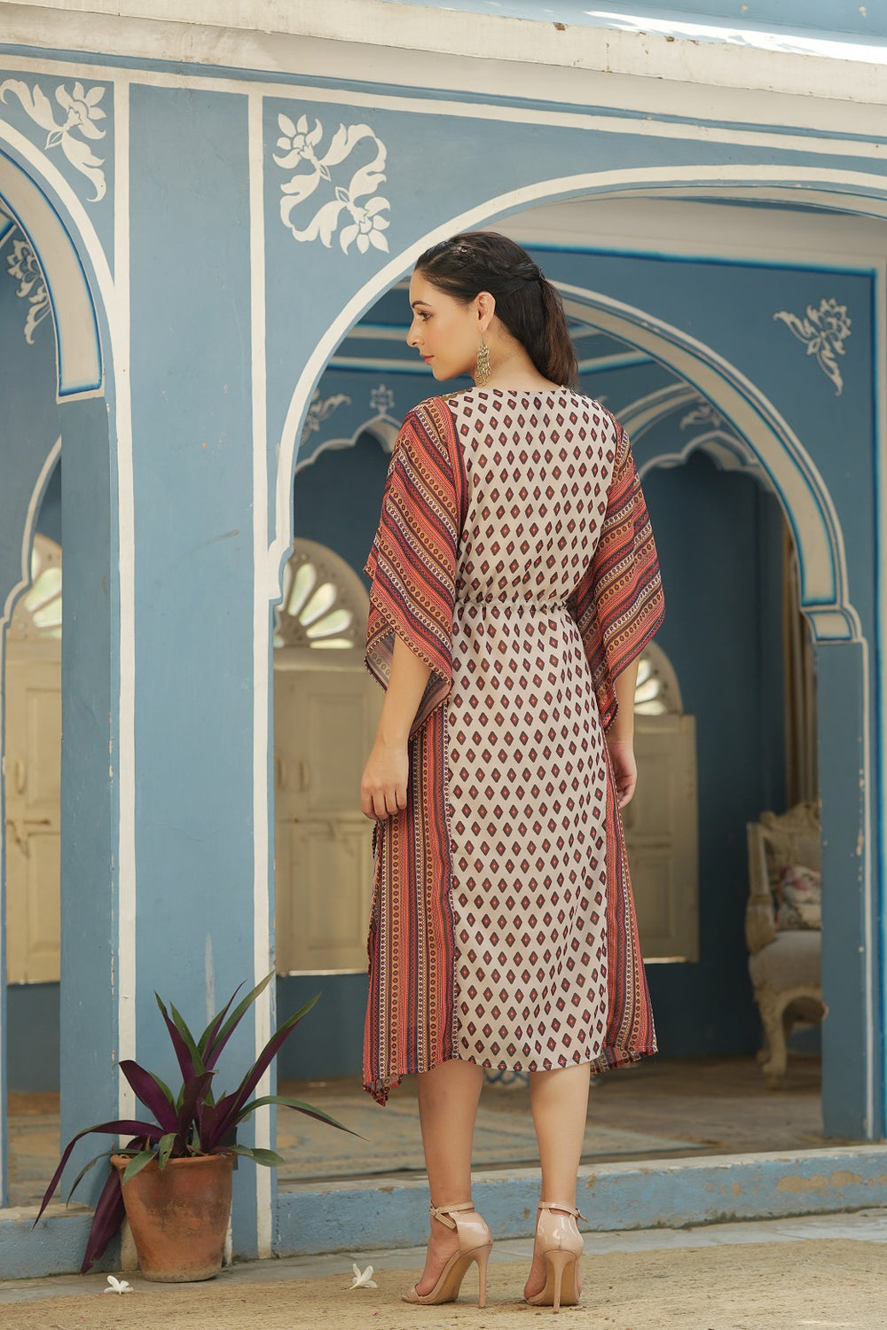 Juniper Cream Georgette Festive Printed Straight Kaftan For Women | Grocsy