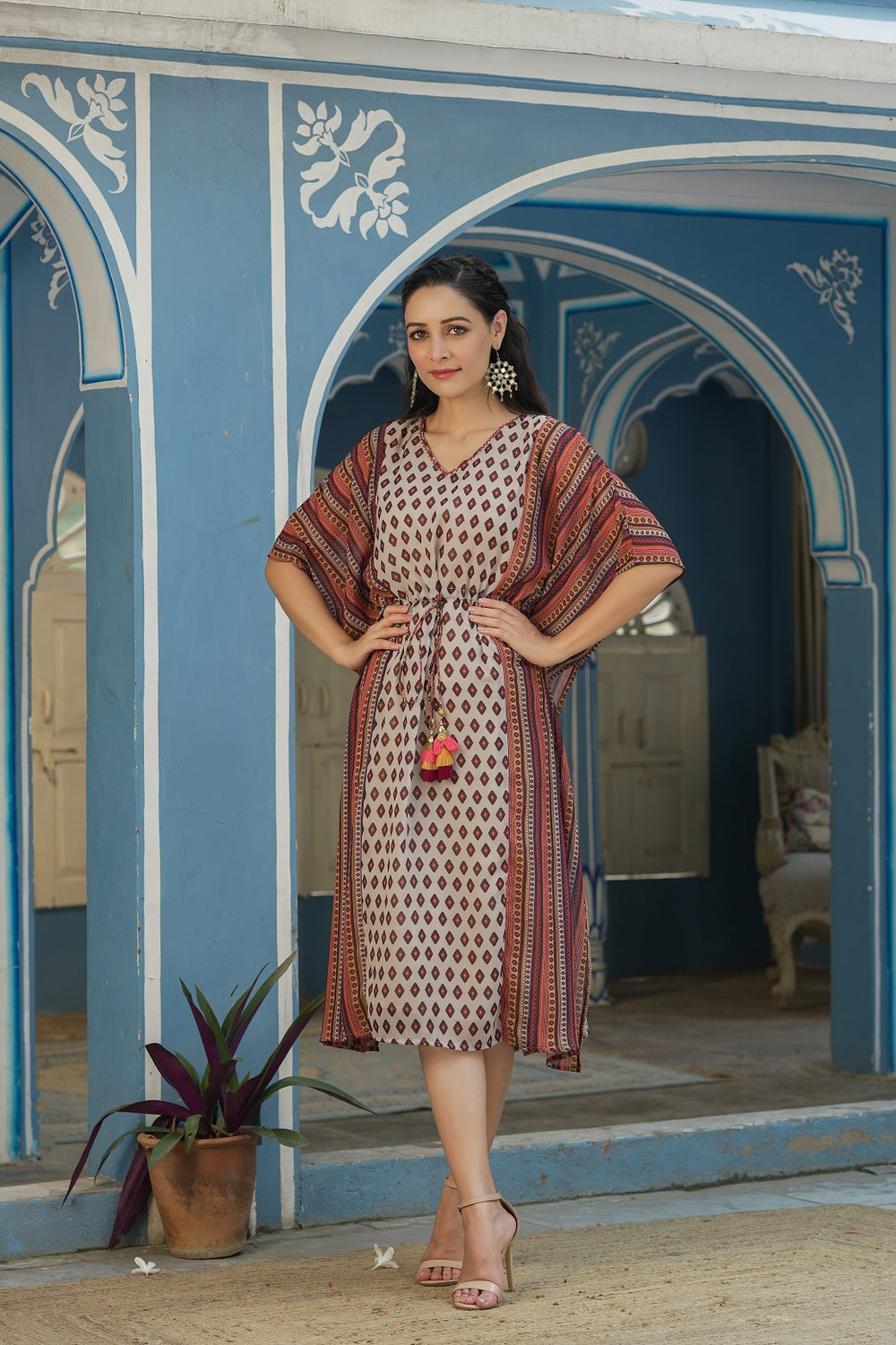 Juniper Cream Georgette Festive Printed Straight Kaftan For Women | Grocsy
