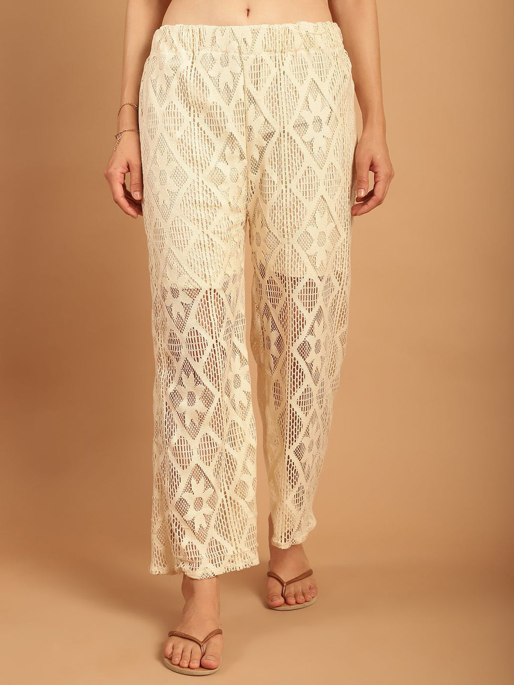 TAG 7 Women Geometric Self Design Sheer With Half Lining Crochet Wide Leg Palazzos | Grocsy