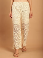 TAG 7 Women Geometric Self Design Sheer With Half Lining Crochet Wide Leg Palazzos | Grocsy