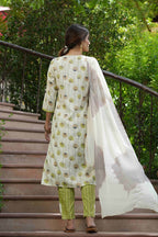 Juniper Green Rayon Casual Wear Printed Straight Kurta Pant Dupatta Set | Grocsy