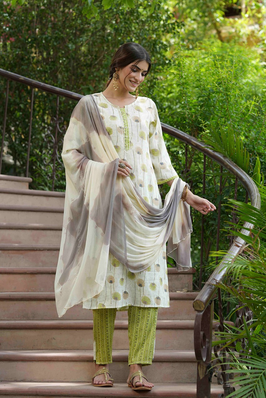 Juniper Green Rayon Casual Wear Printed Straight Kurta Pant Dupatta Set | Grocsy