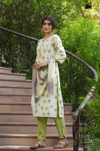 Juniper Green Rayon Casual Wear Printed Straight Kurta Pant Dupatta Set | Grocsy