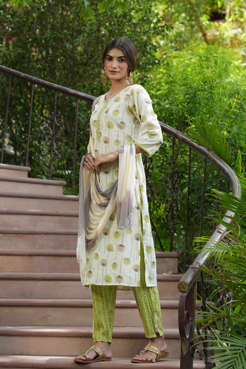 Juniper Green Rayon Casual Wear Printed Straight Kurta Pant Dupatta Set | Grocsy