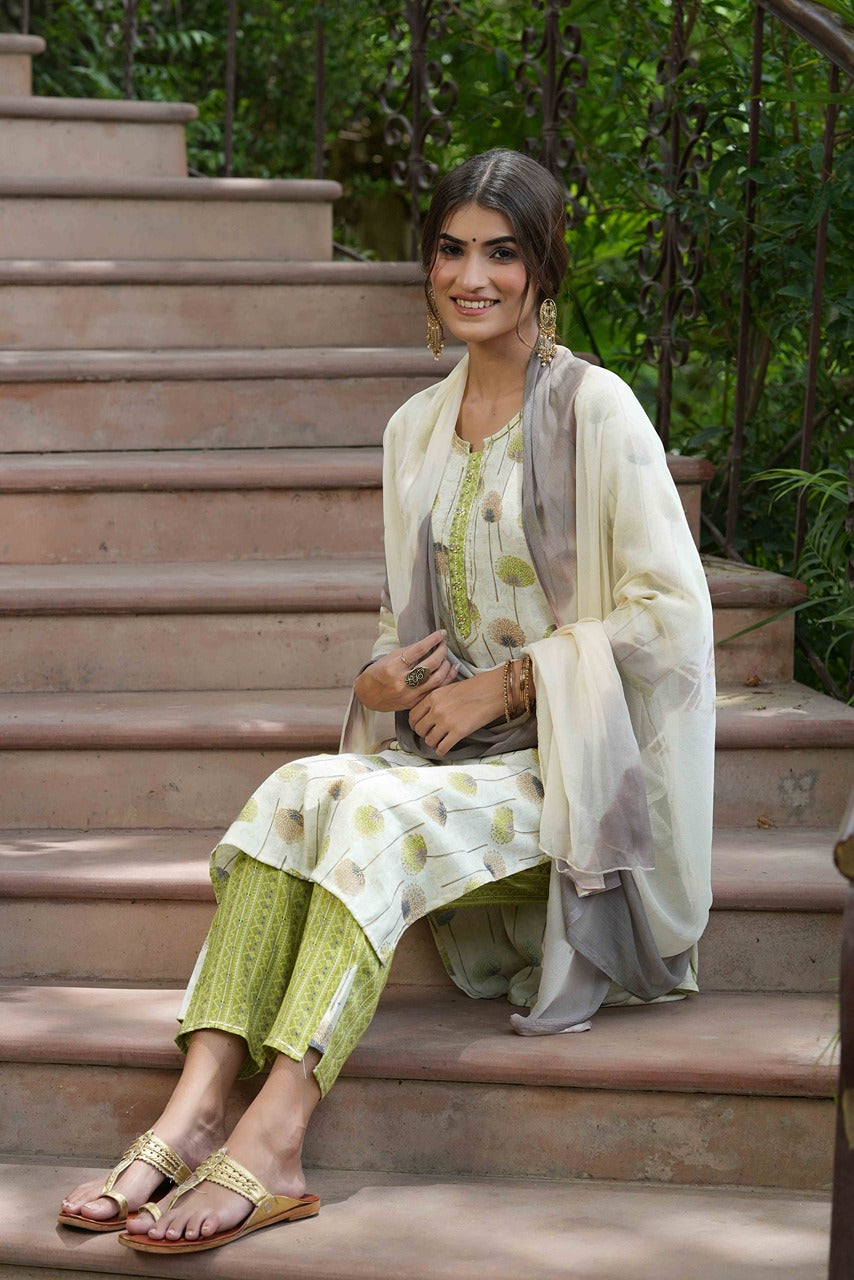 Juniper Green Rayon Casual Wear Printed Straight Kurta Pant Dupatta Set | Grocsy
