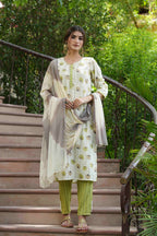 Juniper Green Rayon Casual Wear Printed Straight Kurta Pant Dupatta Set | Grocsy