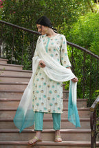 Juniper Skyblue Rayon Casual Wear Printed Straight Kurta Pant Dupatta Set | Grocsy