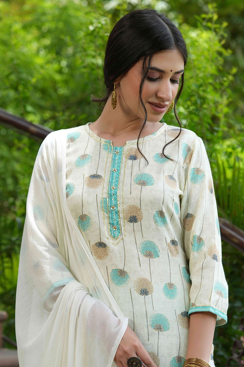 Juniper Skyblue Rayon Casual Wear Printed Straight Kurta Pant Dupatta Set | Grocsy