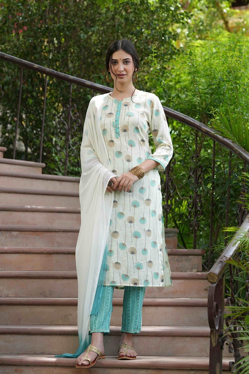 Juniper Skyblue Rayon Casual Wear Printed Straight Kurta Pant Dupatta Set | Grocsy