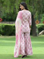 Juniper Pink Muslin Festive Wear Mirror Work Straight Kurta Sharara Dupatta Set | Grocsy